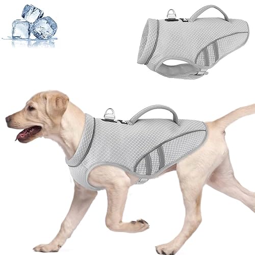 SlowTon Dog Cooling Vest with Handle - Pocket for Ice Pack, UV Protection Breathable Cooling Shirt for Large Medium Small Dog, Adjustable Cooling Jacket for Outdoor Hiking Walking Summer (GY, M)