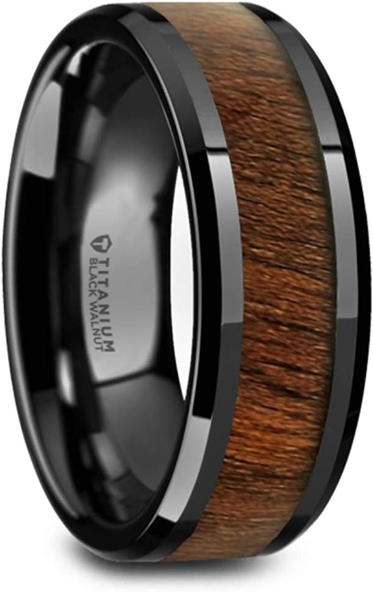 ThorstenKony | Titanium Rings for Men | Lightweight Titanium | Comfort Fit | Black Titanium Polished Beveled Edges Black Walnut Wood Inlaid Men’s Wedding Ring - 8 mm