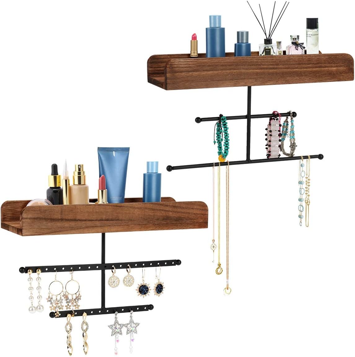 FTLL Hanging Jewelry Organizer Wall Mounted 2 Pack, Rustic Makeup Organizer, Wood Jewelry Holder Display with Shelf for Earrings, Rings, Necklaces, Bracelets and More (Grey) … (Brown)