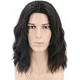 Lucoacos Men's Black Brown Wig Wavy Mid Length Hair Halloween Cosplay Costume Wig