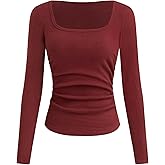 CIDER Long Sleeve Tops for Women Thermal Shirts Square Neck Ruched Basic Fall Top Slim Fitted Casual Tee Shirt