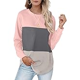 XIEERDUO Long Sleeve Tops For Women Casual Fall Tunic Sweatshirt Pink Color Block Winter L