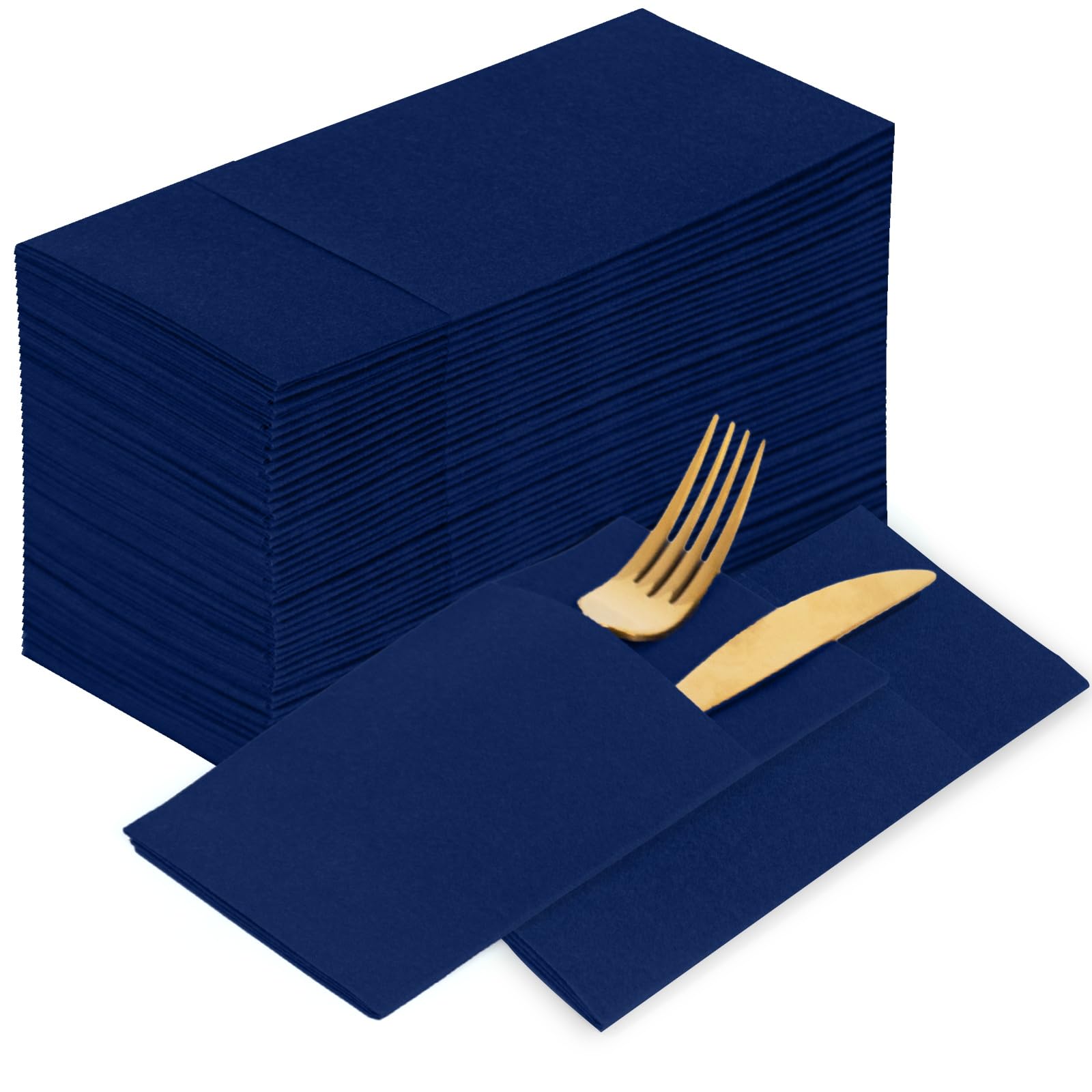 Photo 1 of KAMMAK Blue Napkins Disposable 100 Pack Cloth like Paper Dinner Napkins Folded with Pocket Navy Blue Napkins Hand Towel for Party Decoration, Wedding Reception, Bathroon and Kitchen (16.5 x 16.5 inch)
