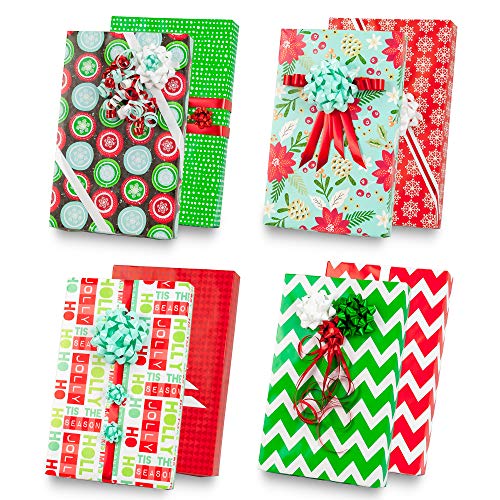 Merry + Bright Designer Wrapping Paper Set: 4 Rolls (8 Designs) of Premium Gift Wrap (80 sq. ft.) with 30 Coordinated Bows, 5 Ribbons, and 24 Gift Tags with Bonus Euro Tote and Tissue Paper