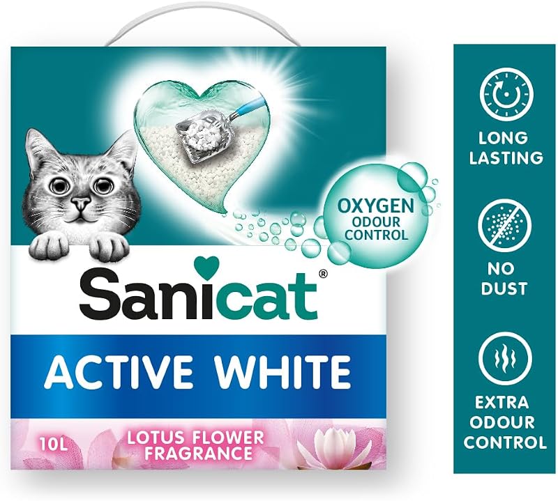 - Arena Aglomerante Active White con Flor de Loto, Hecha de minerales naturales con control de olor garantizado, Absorbe la humedad y facilita la limpieza, 6 L de capacidad