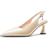 TNYNFBEB Womens Kitten Heel Pointed Toe Pumps Beaded Slingback Slip-on Buckle Prom Party Dress Basic Classic Patent Leather 2.6 Inches Heels