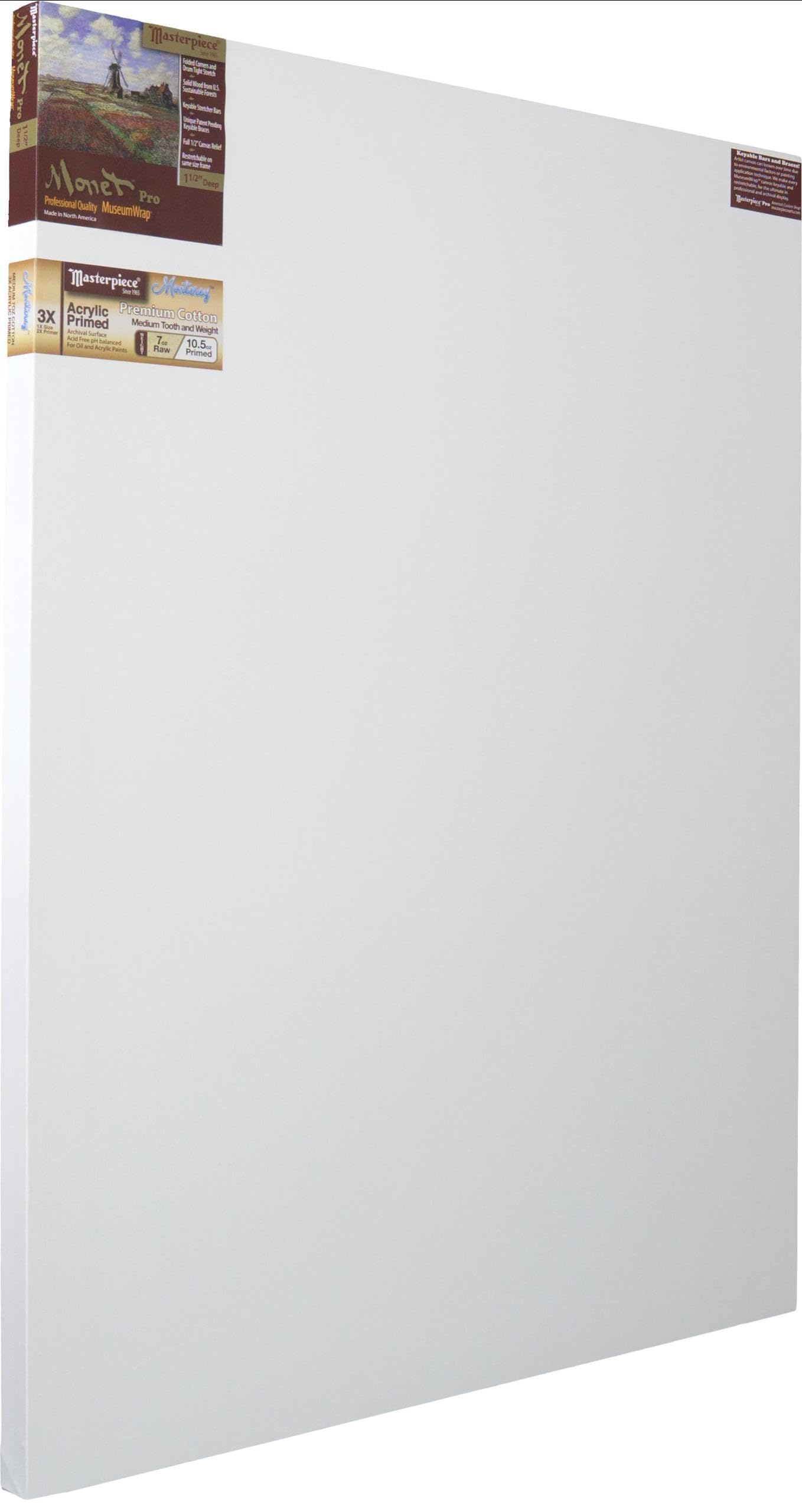 MASTERPIECE Z1MM-4070 Monet Pro 1.5″ Deep Monterey 10.5 oz Cotton Medium Texture Stretched Canvas 40″ x 70″ White