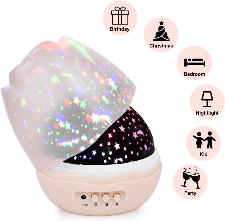 Nasus Star Night Light Projector, Updated Version with 360 Degree Rotating Projector Rosebud Lamps 4 LED Bulbs 8 Lighting Mode Decoration for Bedroom Best Gift for Baby Kids (Pink)