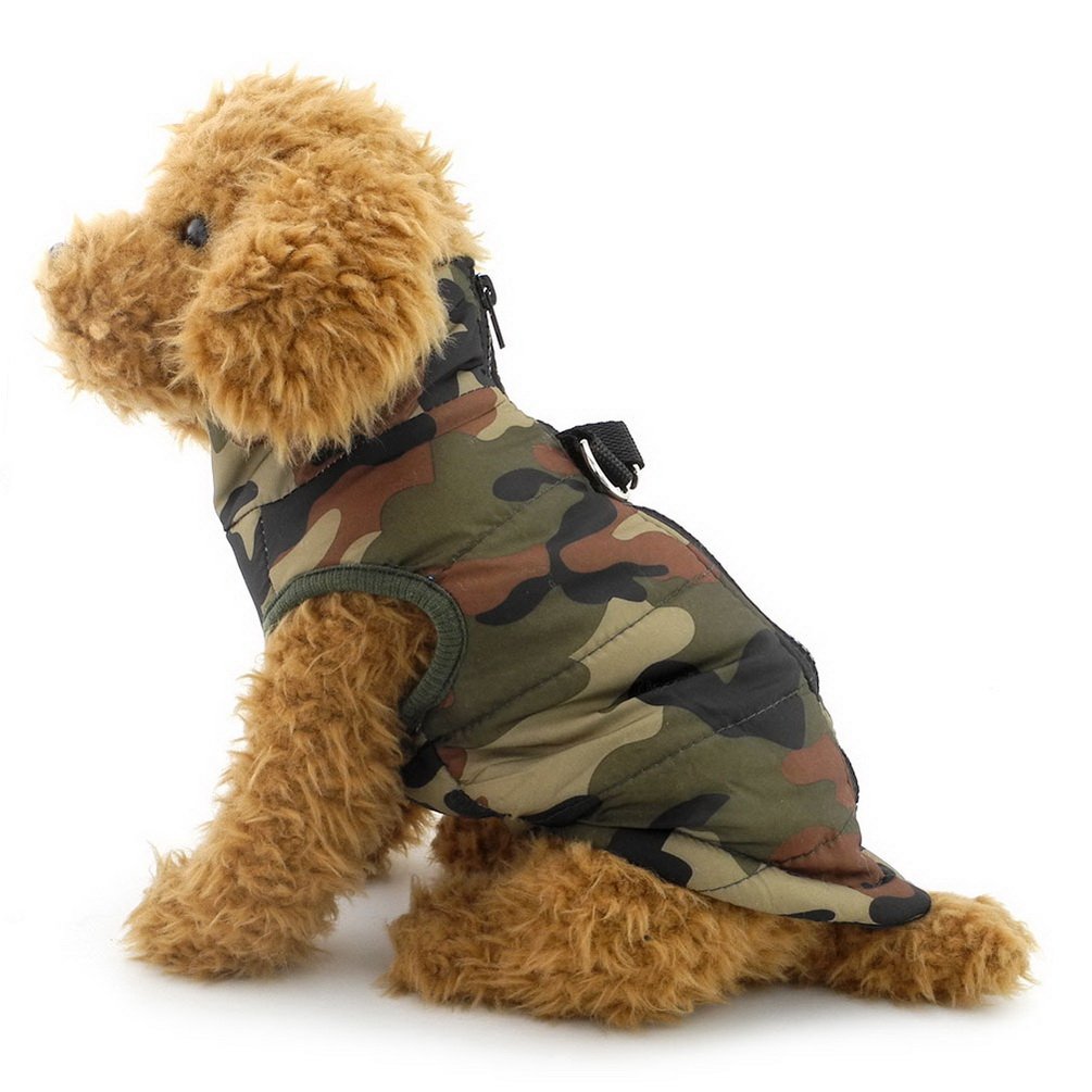SMALLLEE_LUCKY_STORE Small Dog Cat Winter Coat Harness Jacket with D-ring Boy Girl Pet Puppy Comfort Padded Bomber Vest No Pull Chihuahua Clothes Green Camo XS
