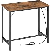 HOOBRO Bar Table with Charging Station, Rectangular Pub Table, High Top Coffee Table, Counter Bar Height Table, Narrow Long Dining Table, 35.4" L x 15.7" W x 35.6" H, Rustic Brown and Black BF90UBT01