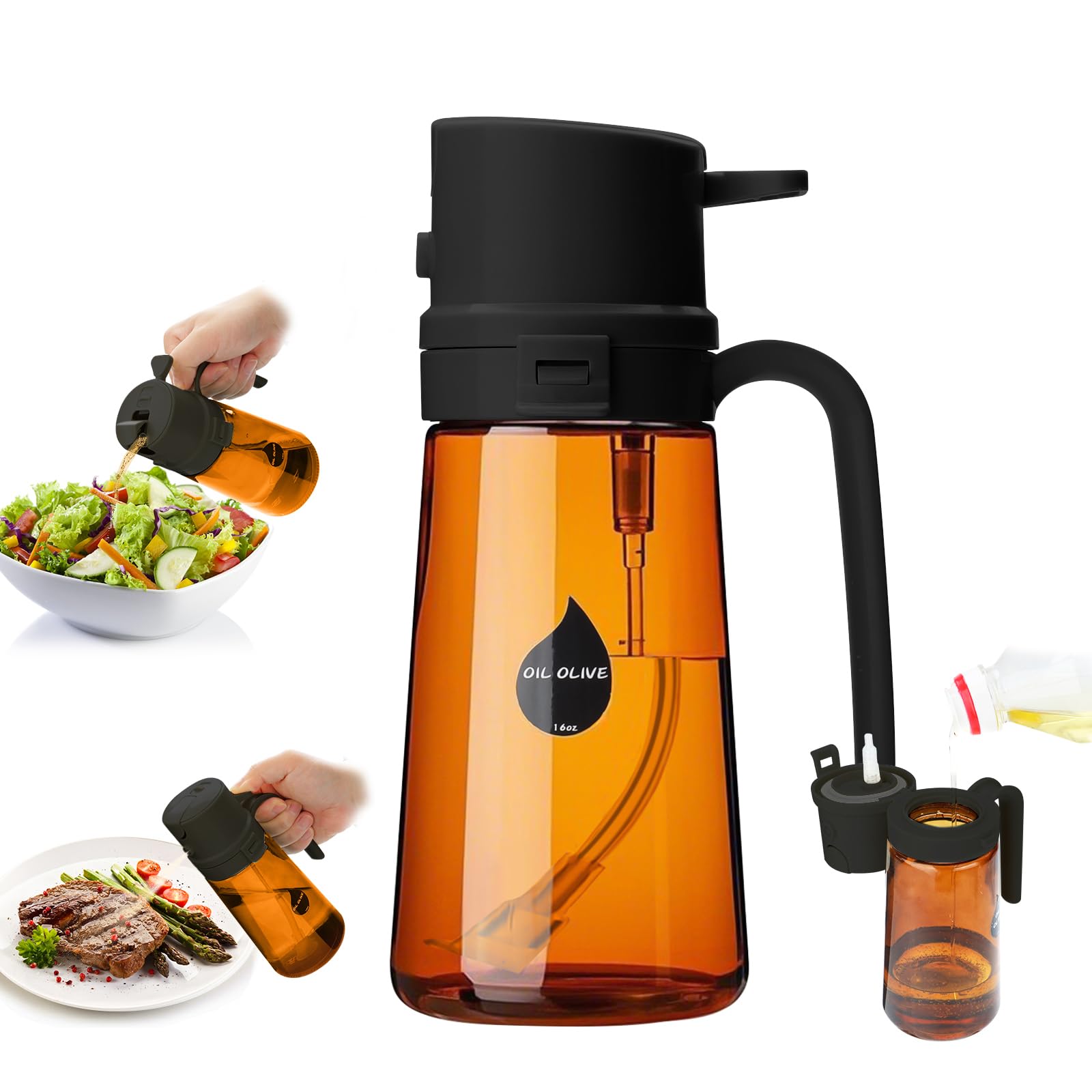 Photo 1 of 2 in 1 Olive Oil Sprayer for Cooking, Light-Blocking Olive Oil Dispenser Bottle for KitchenSpray and Pour, 16oz/470ml Dark Amber Glass Bottle, Upgraded ABS Black Cap Oil Mister for Air Fryer
