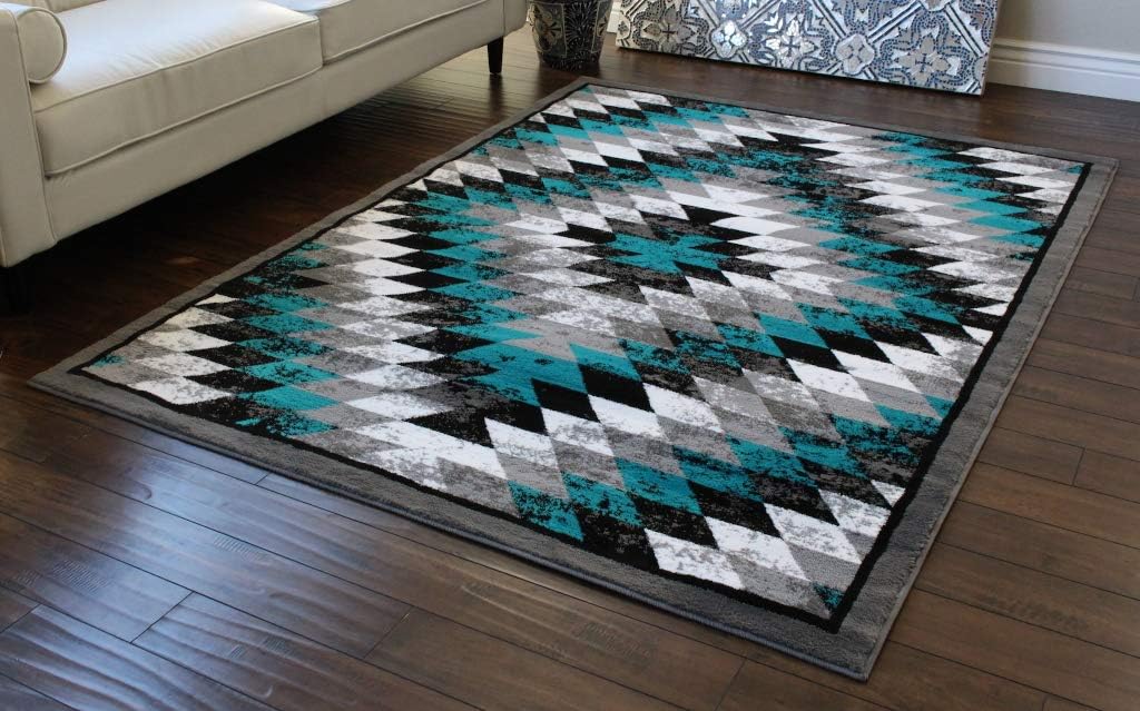 Masada Rugs, Stephanie Collection Area Rug Southwest Native American Distressed Design 1106 Turquoise Grey White Black (6 Feet X 9 Feet)