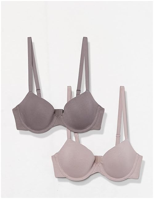 Amazon Essentials Women's Demi Cup Cotton Bra, Pack of 2, Grey/Mauve, 36D