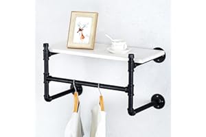 HAOVON Industrial Pipe Clothing Rack Wall Mounted Wood Shelf,Pipe Shelving Floating Shelves,Retail Garment Rack Display Rack Clothes Racks(1 Tier,24in)