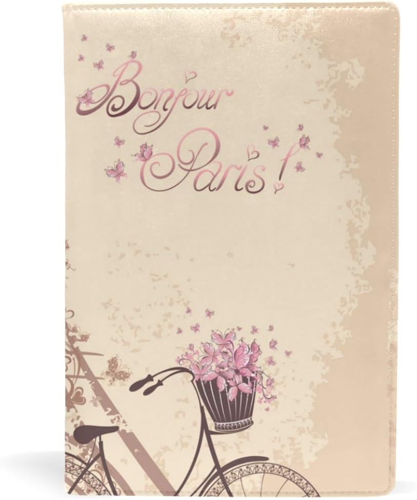 EZIOLY Bonjour Paris Tower Eiffel And Bicycle Romantic Stretchable Book Cover Fits Most Hardcover Textbooks up to 8.7" x 5.8" Adhesive-Free Fabric School Book Protector. Easy to Apply. Wash &