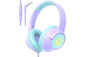 BOTESTY SOUND Kids Wired Headphones for School, 85/94 dB Volume Limit, Wired Over Ear Headphones for Girls Kids with Microphone, Foldable Stereo Sound 3.5mm Wire Cord for Kindle Tablet Airplane Travel, Purple