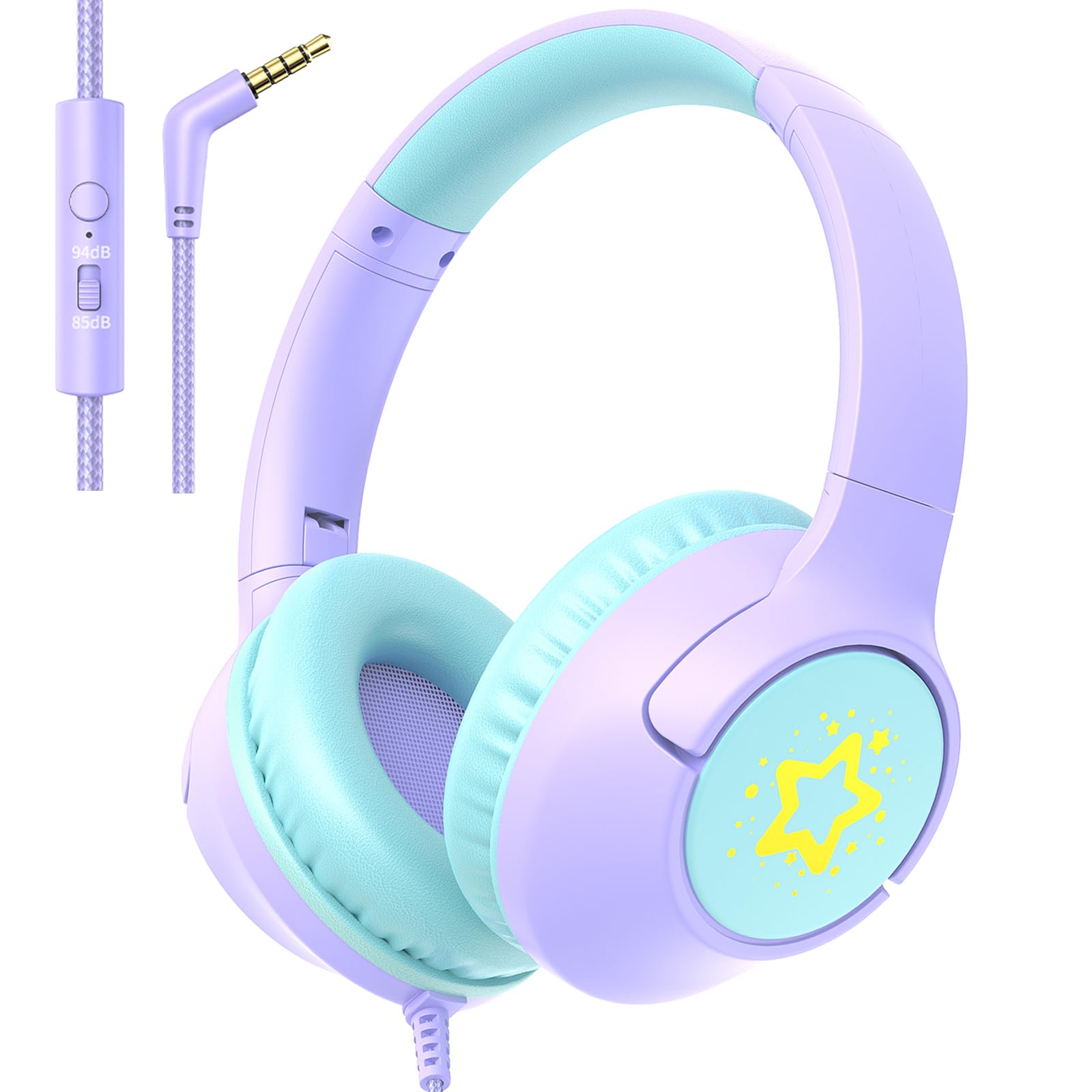 Photo 1 of Kids Wired Headphones for School, 85/94 dB Volume Limit, Wired Over Ear Headphones for Girls Kids with Microphone, Foldable Stereo Sound 3.5mm Wire Cord for Kindle Tablet Airplane Travel, Purple
