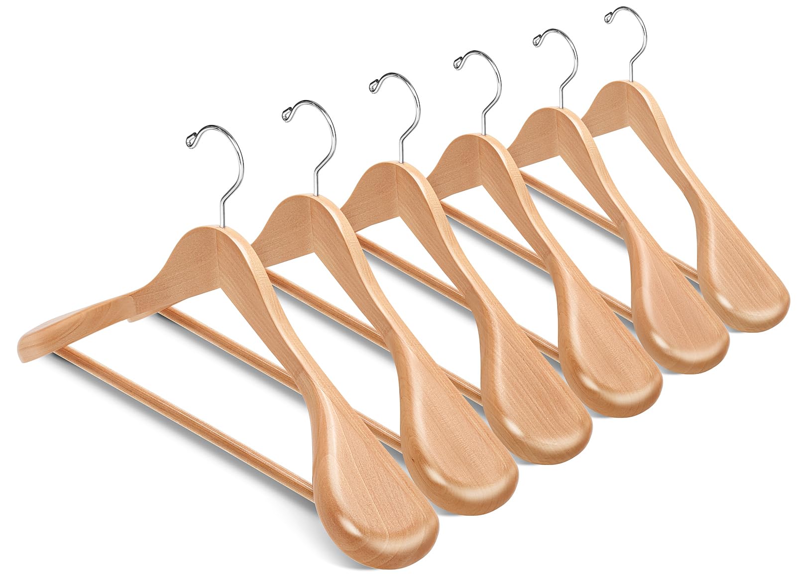 Photo 1 of Amber Home 6 Pack Wide Shoulder Wooden Suit Coat Hangers with Non Slip Pants Bar, Solid Wood Jacket Clothes Hangers Smooth Finish for Sweater, Pants, Heavy Clothes (Natural, 6 Pack)