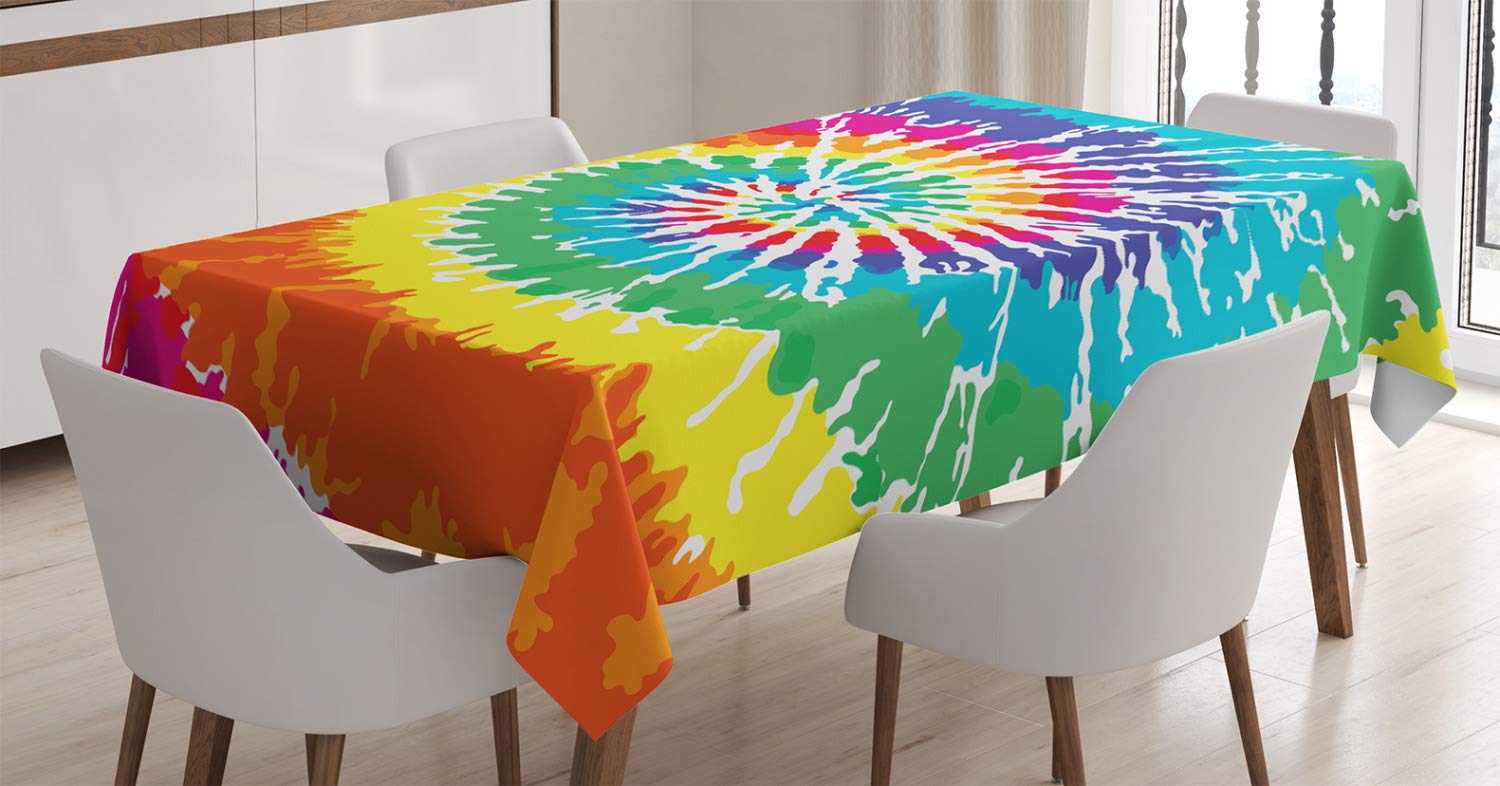 ABAKUHAUS Rainbow Tablecloth, Digital Spiral Vortex Vibrant Rainbow Colored Sixties Ikat Psychedelic Pattern Print, Dining Room Kitchen Rectangular Table Cover, 54 W X 94 L, Multi — image 1