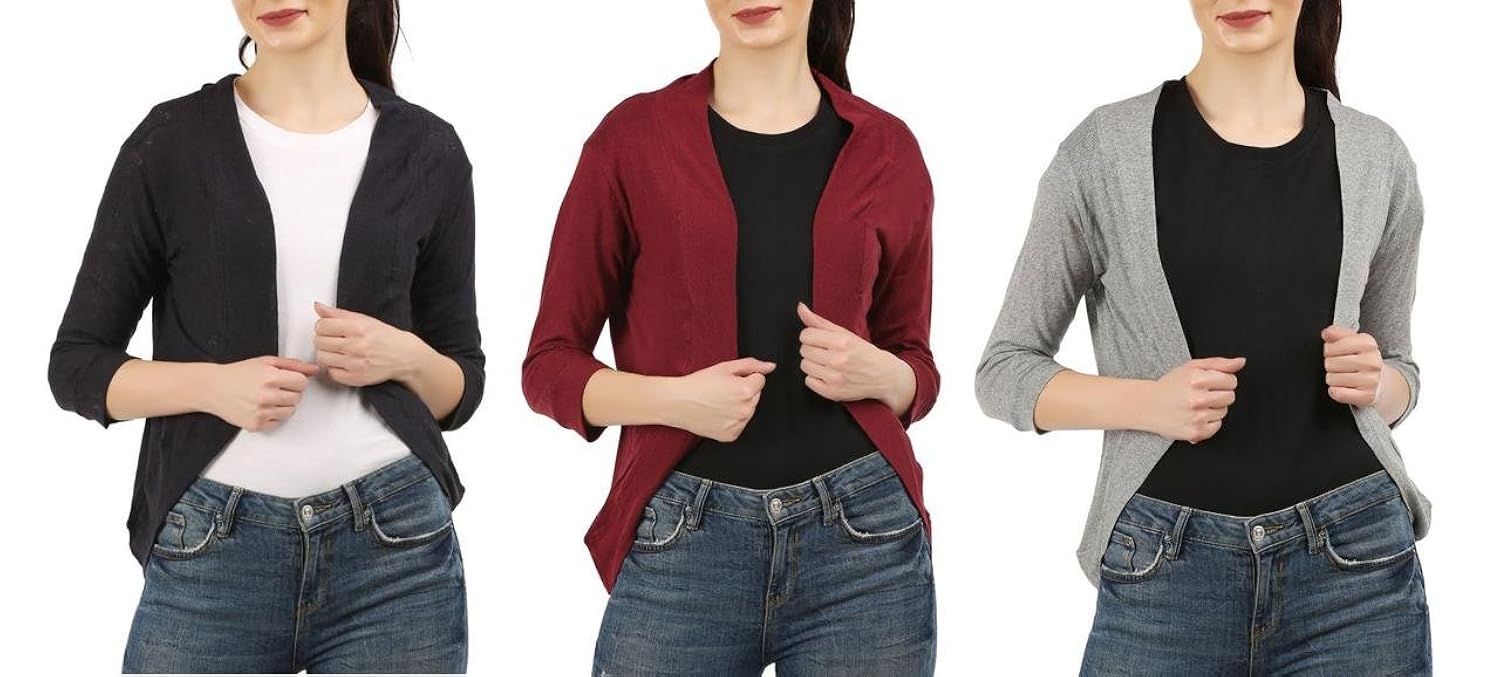 clifton women's shrugs pack of 3-black-maroon-grey melange