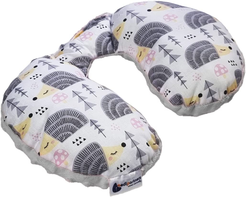 Medi Partners Neck Cushion for Baby 100% Cotton/Plush Baby Neck Cushion for Stroller Car Ride Travel Sleep Neck Pillow Snooze Roll (Hedgehogs with Grey Plush)