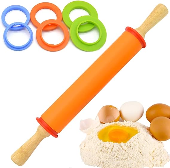 4x Silikon Teigroller Set - Nudelhölzer 30cm & 23cm Mit Holzgriff