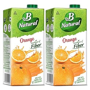 B Natural Orange+ Juice, Supports Immunity & Goodness of Fiber, 1 litre Pack of 2