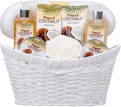 Invero 8 Piece Tropical Coconut Body & Bath Gift Set with Basket & Bow