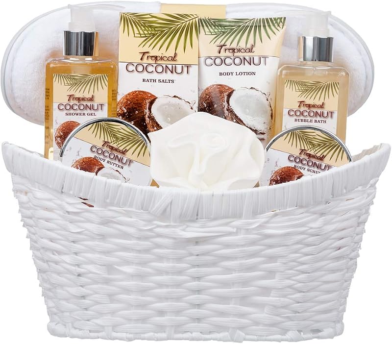 Invero 8 Piece Tropical Coconut Body & Bath Gift Set with Basket & Bow