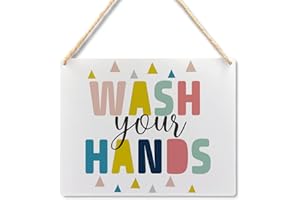 Ryeolo Kids Bathroom Wood Signs, Wash Your Hands Wall Hanging, Toddler Boy Girl Bathroom Decor, 10.2x7.8 Inches Wall Pediments