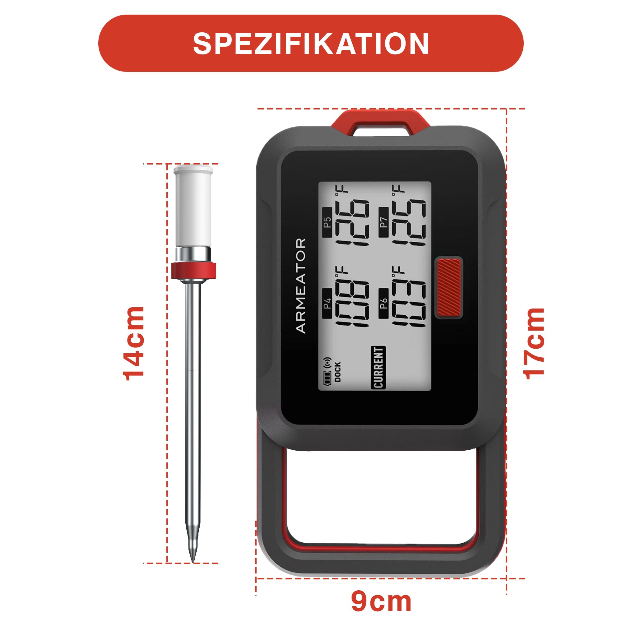 Fleischthermometer Kabellos mit APP Digital Bratenthermometer Kabellos, Grillthermometer Kabellos Bratenthermometer Digital, Backofenthermometer, Küchenthermometer LCD für Kochen, Fleisch, Grillen,BBQ