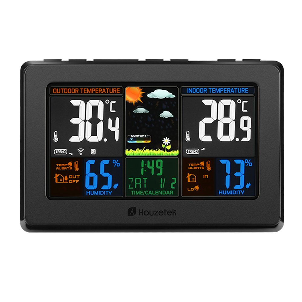 Wireless Weather Station, Houzetek S657 Indoor Outdoor Thermometer Color Home Alarm Clock with Temperature and Humidity Monitor, Large Display Digital Tabletop Hygrometer Outdoor Sensor, USB Port