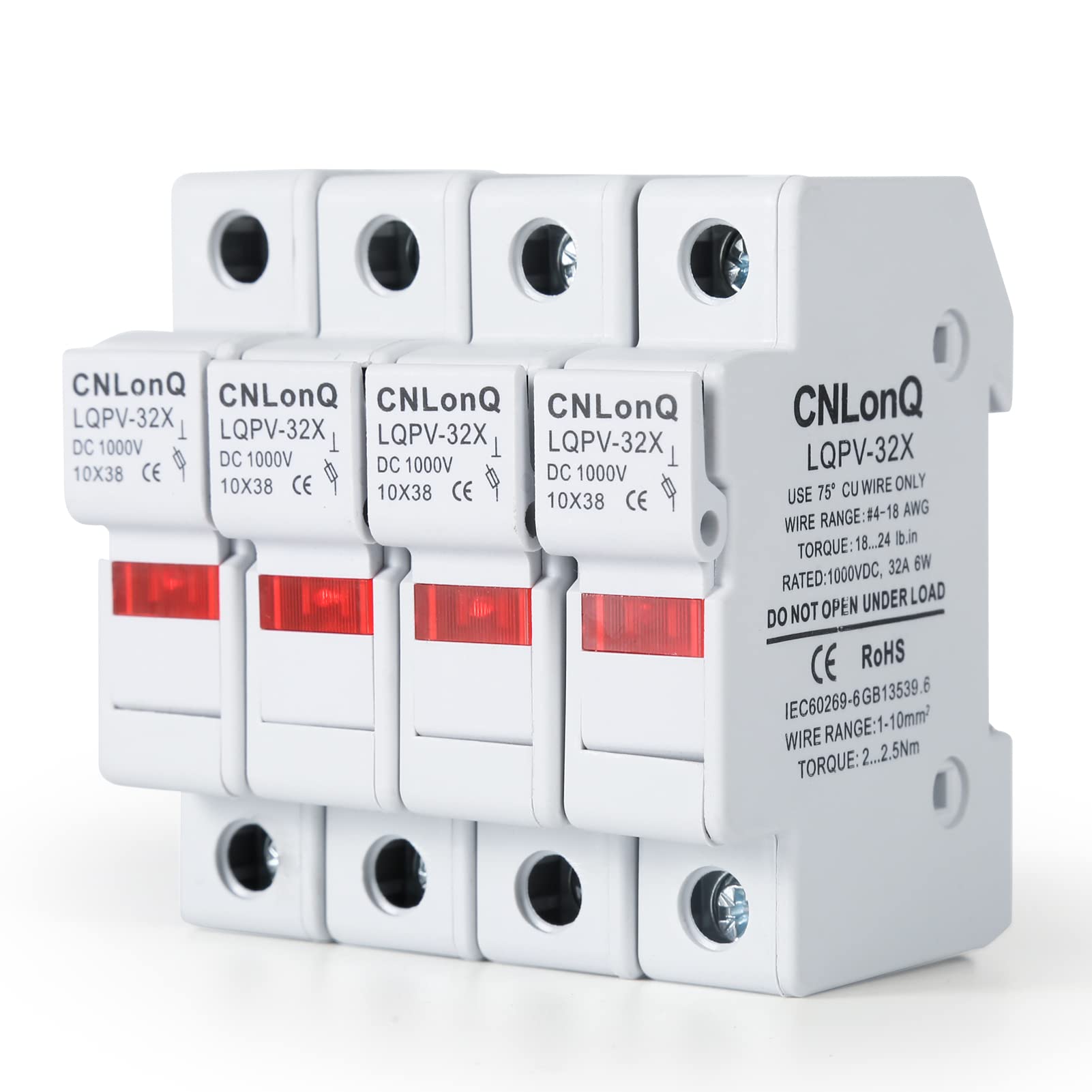 Jadeshay Solar PV Fuse Holder, 4Pcs DC1000V PV Fuse Holder 35mm DIN Rail Mounting RT18-32X Photovoltaic Fuse Holder 10x38mm (4 x Fuse Holders with Light)