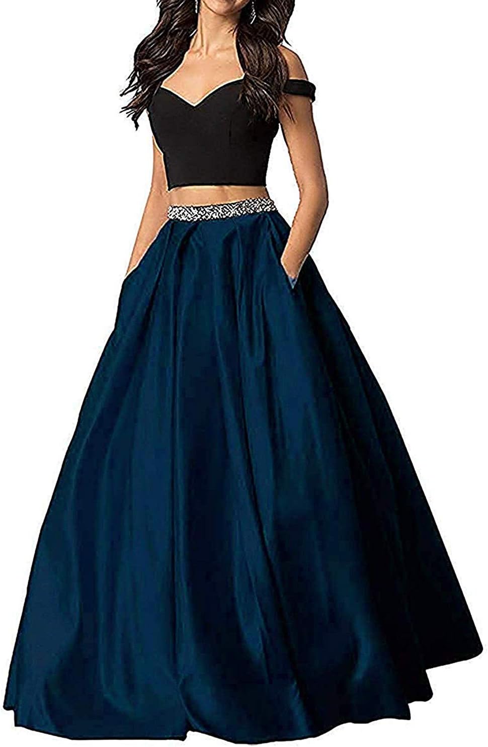 Women's 2 Pieces Prom Dresses Long with Pocket Off Shoulder Beaded Formal Party