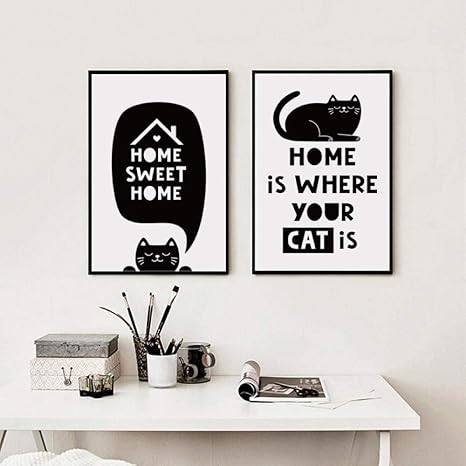 Amazon かわいい猫英語甘いフレーズキャンバス絵画インテリア黒白壁アートパネルリビング部屋装飾保育園ポスター版画写真子供部屋30 42cm 2フレームレス ウォールステッカー オンライン通販