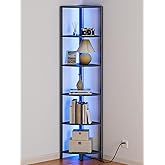 Furnulem 6 Tier Corner Shelf with LED Light, 67.5” Tall Standing Shelf Organizer, Black Narrow Bookshelf with Storage Rack fo