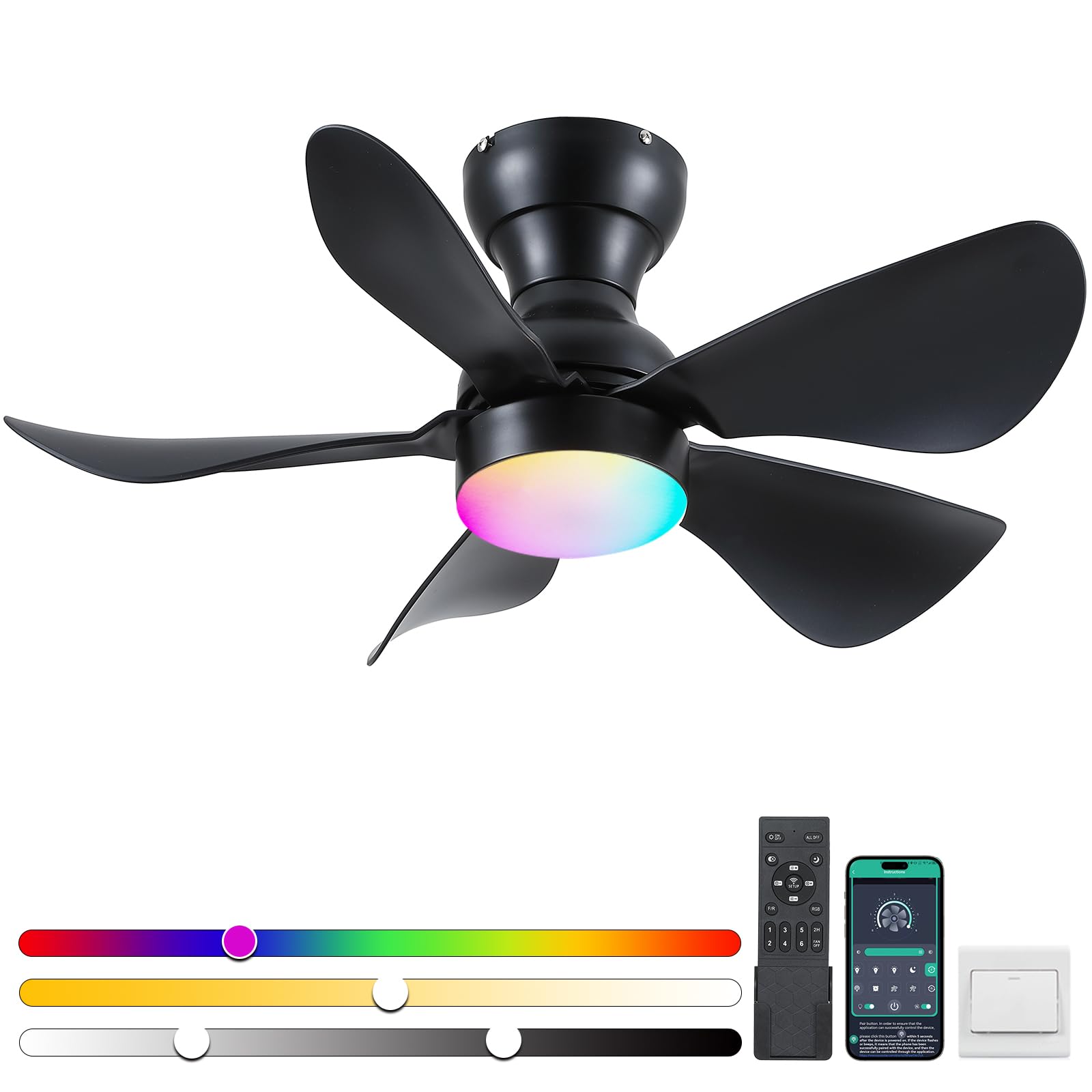 Photo 1 of Kviflon Ceiling Fans with Lights and Remote/APP Control, 30 inch Low Profile Ceiling Fans with Dimmable White Colors and RGB Lighting, 6 Speeds 5 Curved Blades for Kids Room Bedroom Bar, Black
