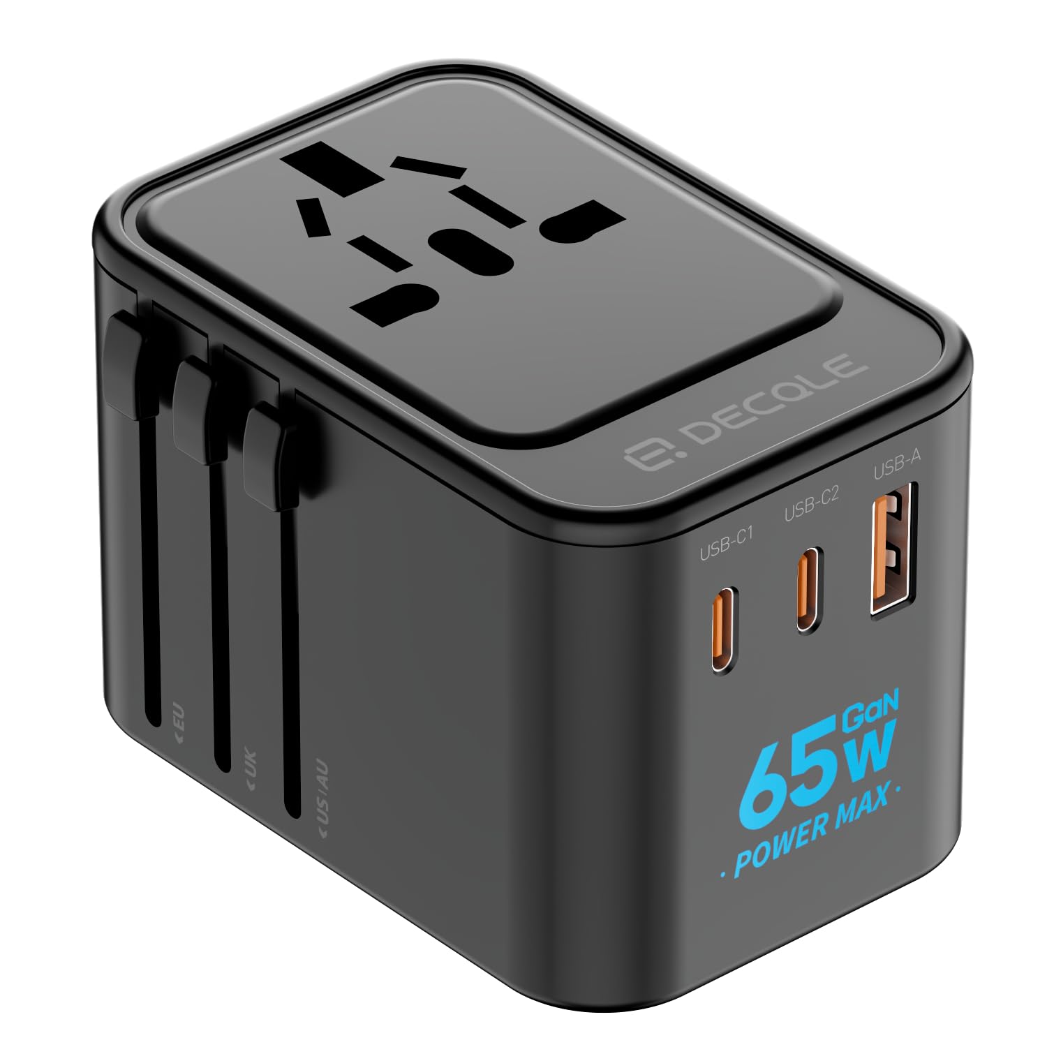 decqle Universal Travel Adapter, International Travel Plug Adapter with 2 USB-C(GaN 65W) ＆ 1 USB-A Ports, All in One Portable Adaptor, for USA, UK, EU, AU ＆ 224+ Countries (Black)
