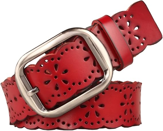 Amazon Co Jp Damily レディースベルト 人気のベルト 3 5cm 牛革 ヴィンテージフラワーデザイン ジーンズベルト スカーレッド 服 ファッション小物