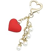 JHONE68 Cute Keychain Accessories for Women Girls Gift, Heart with Pearl Gold Keychains Bag Charms for Handbag Purse KeyRing (Red 2)
