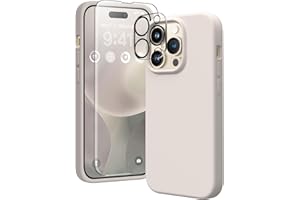 GONEZ for iPhone 14 Pro Case, with 2 Pack Screen Protector + 2 Pack Camera Lens Protector, Soft Anti-Scratch Microfiber Lining, Shockproof Protective Liquid Silicone Phone Cover 6.1'', Stone