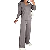 Skoinvb Womens 2 Piece Lounge Sets Long Sleeve Ribbed Knit Casual Top Wide Leg Pants Matching Set Spring Fall Outfits