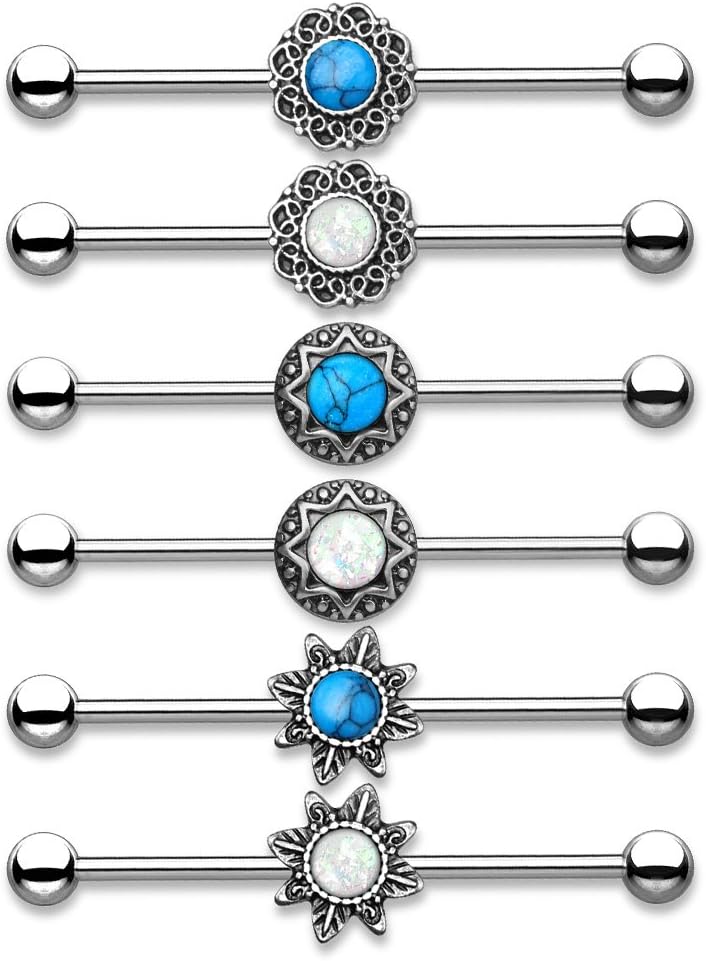 UNUStyle 6pcs Turquoise Opal Glitter Centered on Antique Gold IP Round Filigree 316L Industrial Barbell