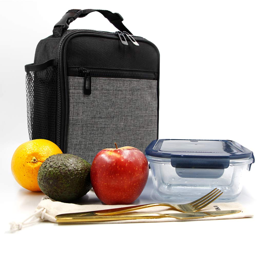 Insulated Lunch Bag, Bento Lunch Bag Thermal Cooler Meal Prep Lunch Bag with Portable Tableware Carrying Bag For Men &Women &Kids (Grey &Black)