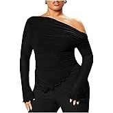WDIRARA Women's Plus Size Off Shoulder Mesh Ruched Asymmetrical Long Sleeve Tops T Shirt