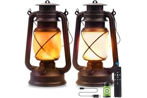 MARLRIN Lantern LED Battery Powered Camping Lamp Outdoor Hanging Rechargeable Lantern Flickering Flame Retro Lanterns Remote Control 4 Modes Light Non-Solar 2 Pack