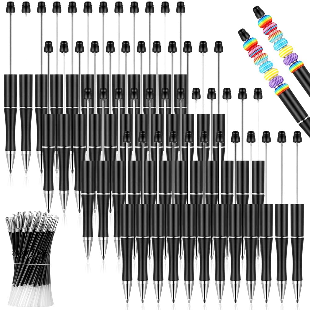 Hopbucan 50Pcs Plastic Beadable Pen Bead Ballpoint Pen Shaft Black Ink Beaded Pens with 50 Refills for DIY Making Gift Black