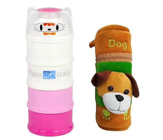 Gilli Shopee Multipurpose Portable Baby Milk Powder Container & Food Storage Container for Newborn Baby (Multi) & Baby Cute Cover 250ML Bottle Baby Feeding Bottle Cover with Handle (Dog)