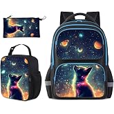 HiMagics Galaxy Fox School Backpack Set for Age 5-18 yrs Teens Boys Girls | Cool Space Bookbag with Matching Lunch Bag Pencil Case Pouch,Elementary Middle School Bags for K-12 Kids