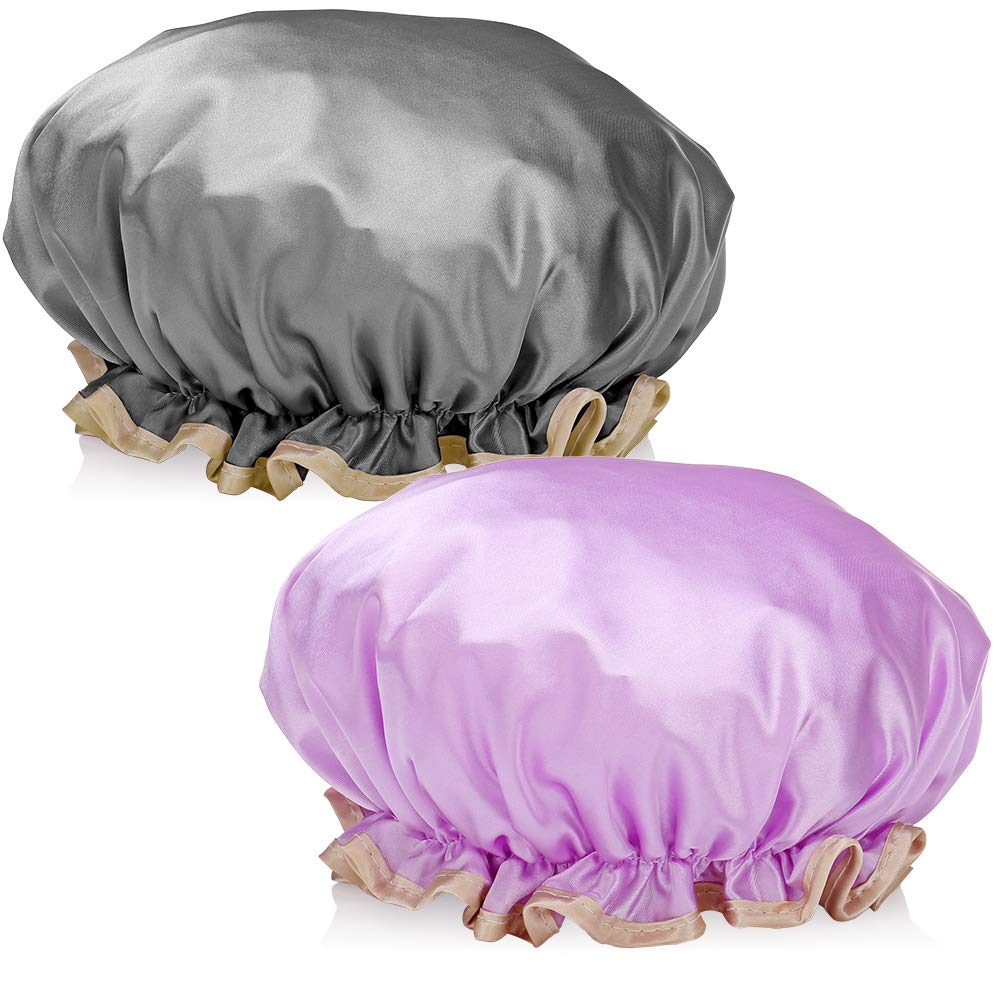 H&S 2-Pack Waterproof Shower Caps for Women, Girls & Men – Reusable Bath Hats for Long Hair – Purple & Black for Adults - Shower Cap - Bath Accessories for Women